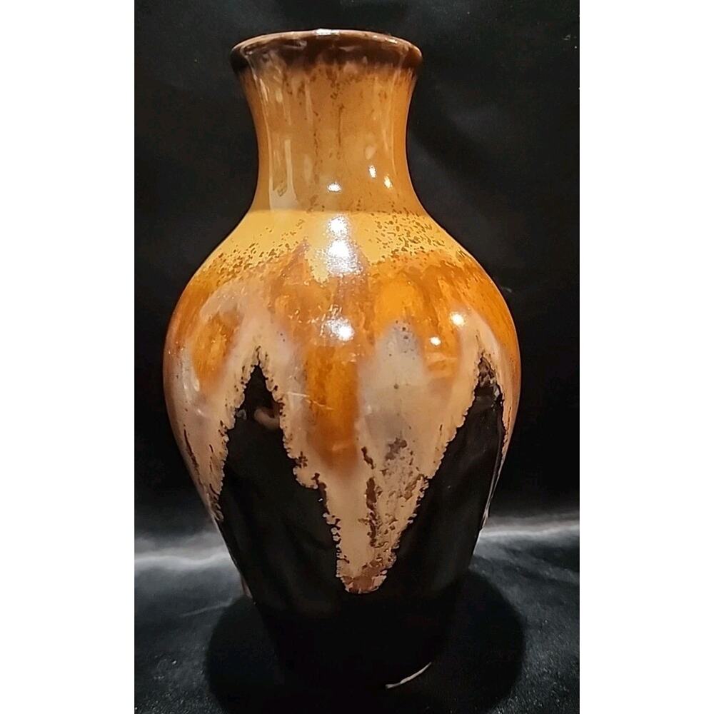 Ceramic Vase distinct brown and beige dripped glaze effect 7"
